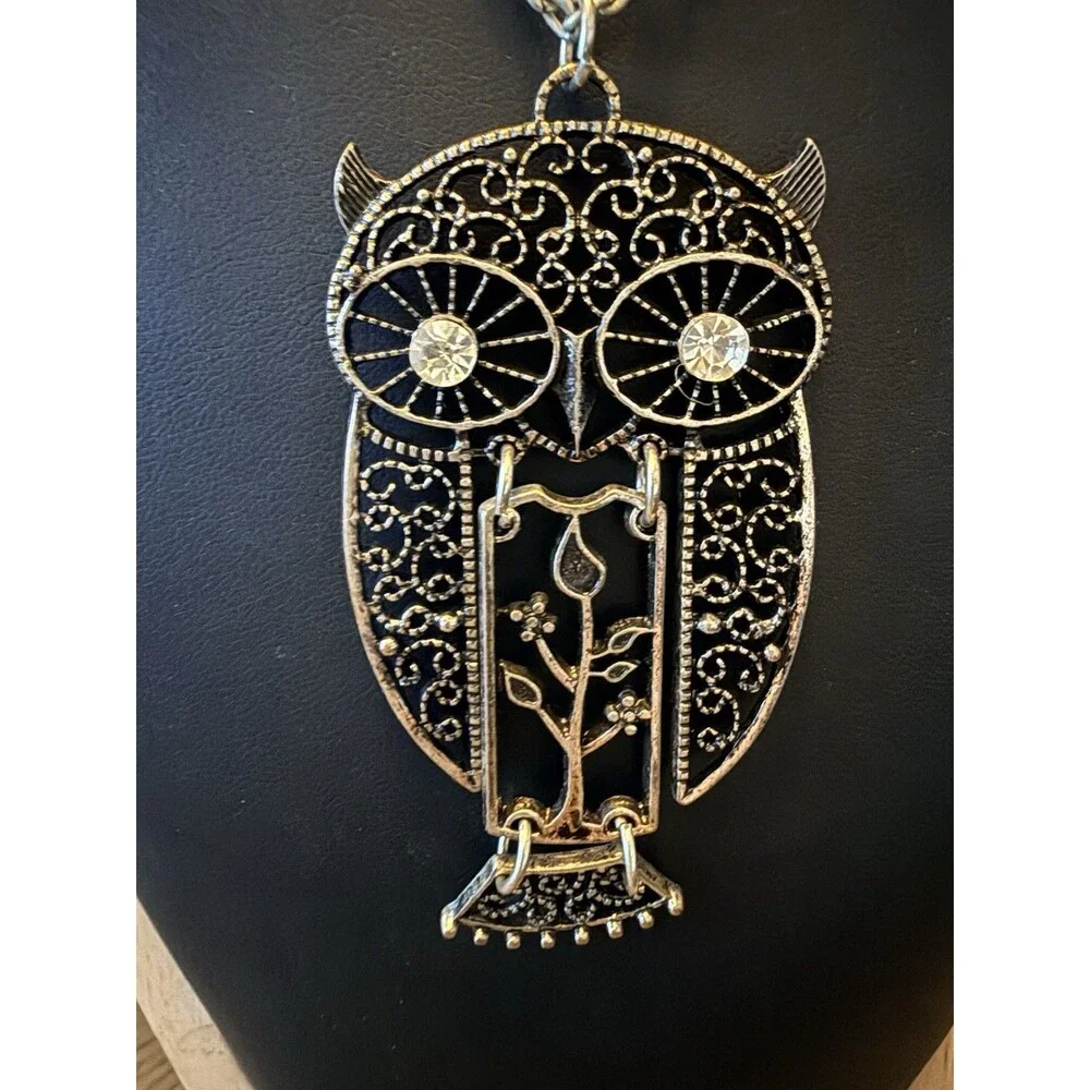 Vintage Necklace Owl Rhinestone Eyes Knocker Pendant  30